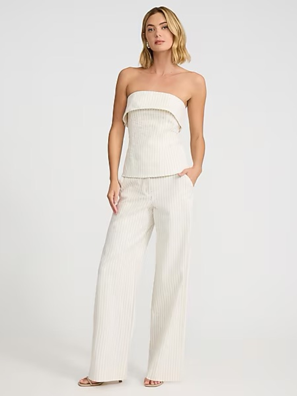 Express Cream Pinstripe Linen-Blend Striped Mid Rise Trouser